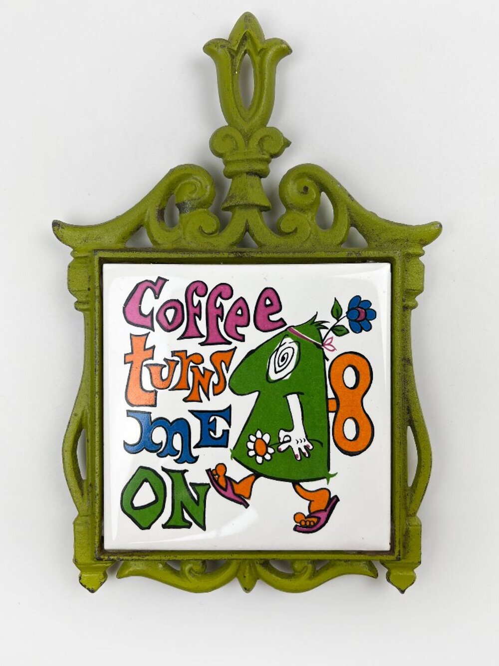 Vintage Coffee Zombie Trivet, MCM 60s COFFEE TURNS ME ON Tile & Cast Iron, Japan